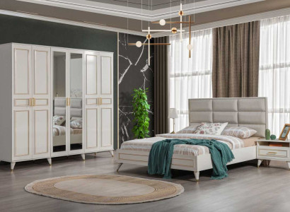 White Bedroom Furniture Wood Glass Cabinet Textile Double bed Bedside tables